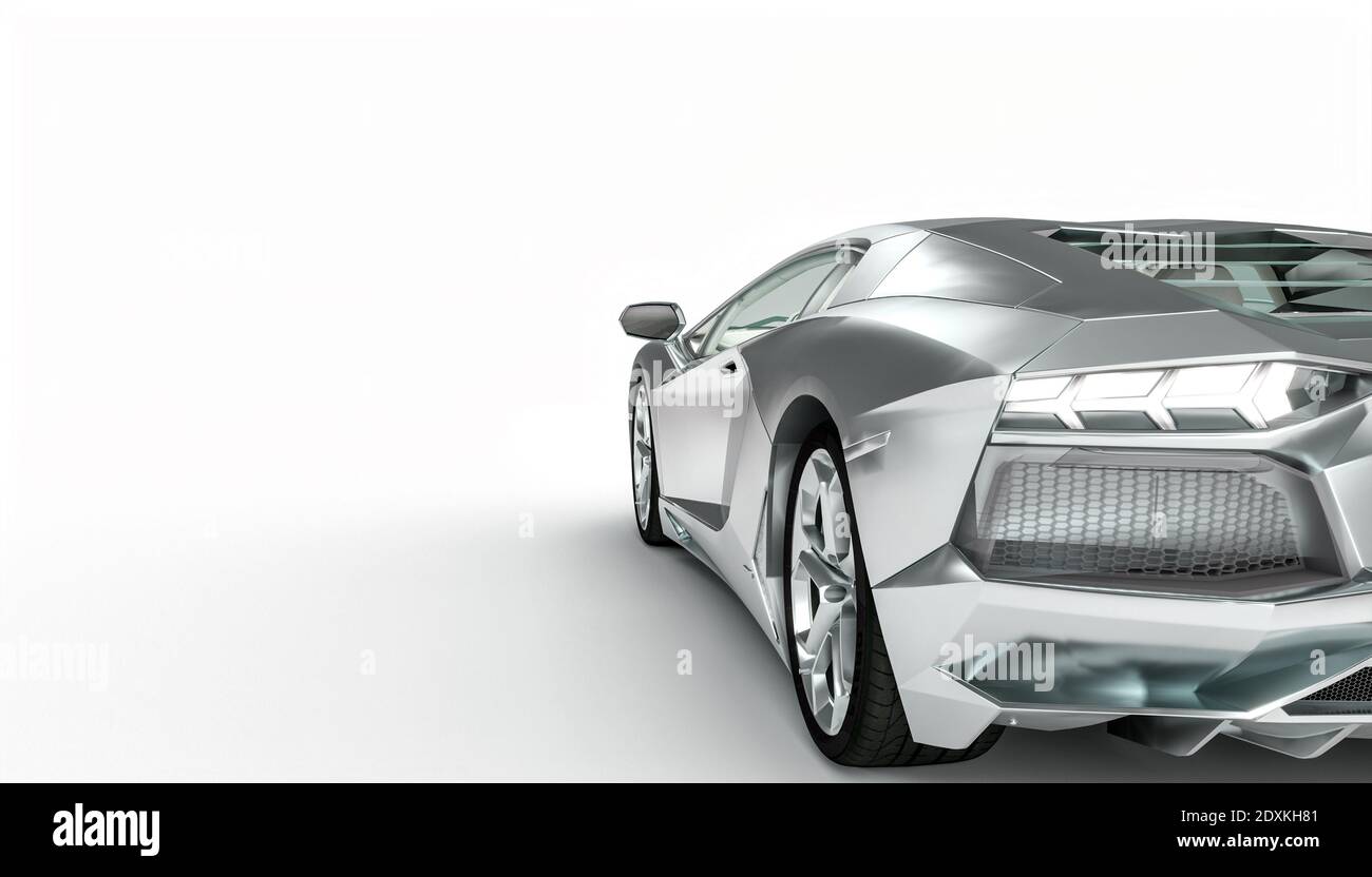 supercar color alluminio su sfondo bianco. vista da dietro. rendering 3d. Foto Stock
