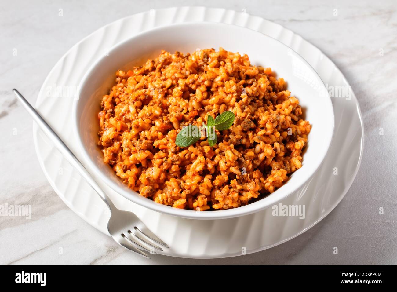 risotto bolognese di manzo macinato in una ciotola bianca su un tavolo di marmo, cucina italiana, vista orizzontale dall'alto Foto Stock