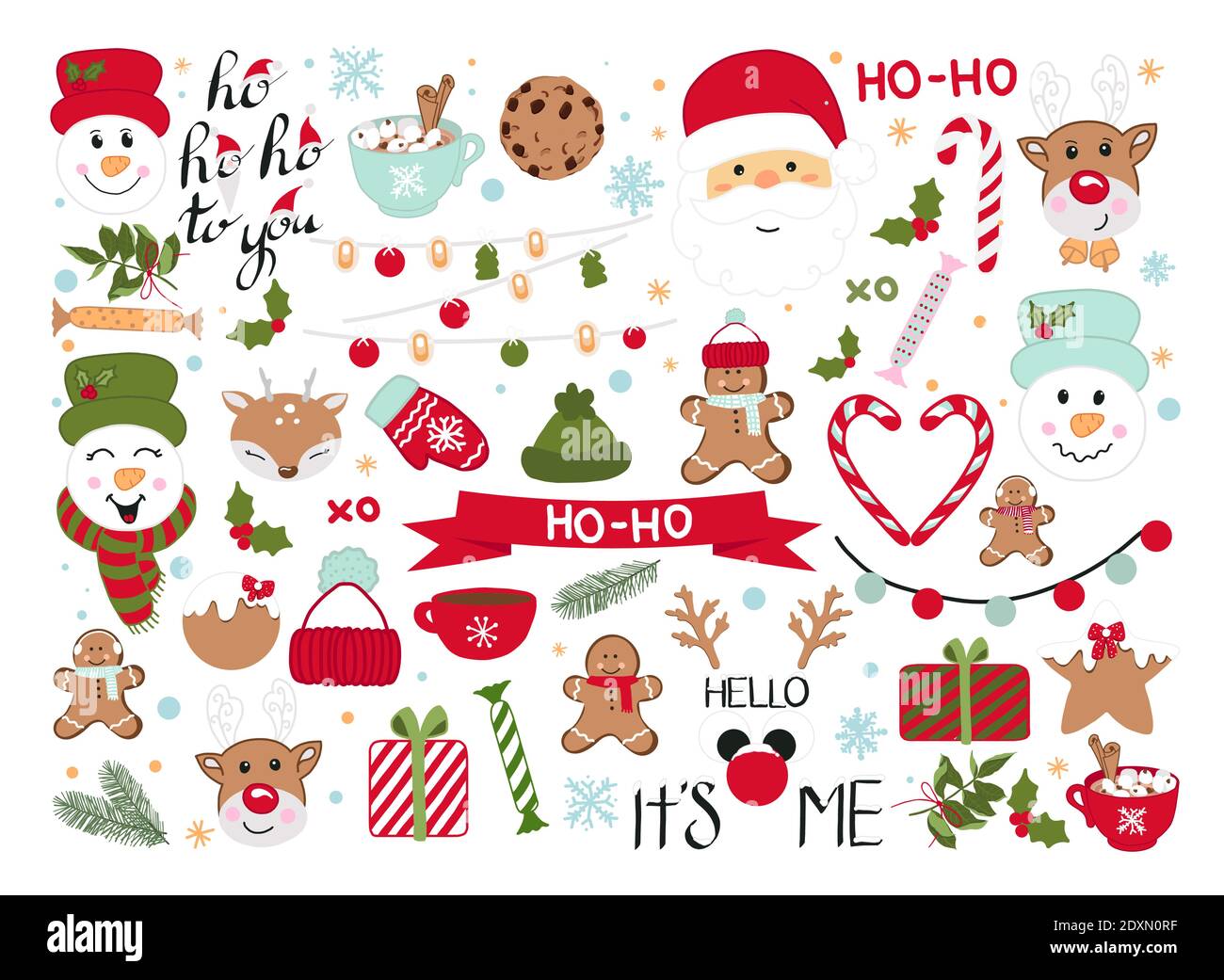 Set di elementi natalizi. Fiocchi di neve, Babbo Natale, cervi, regali, calligrafia, scritte, animali, cacao e altri elementi. Adatto per cartoline Illustrazione Vettoriale