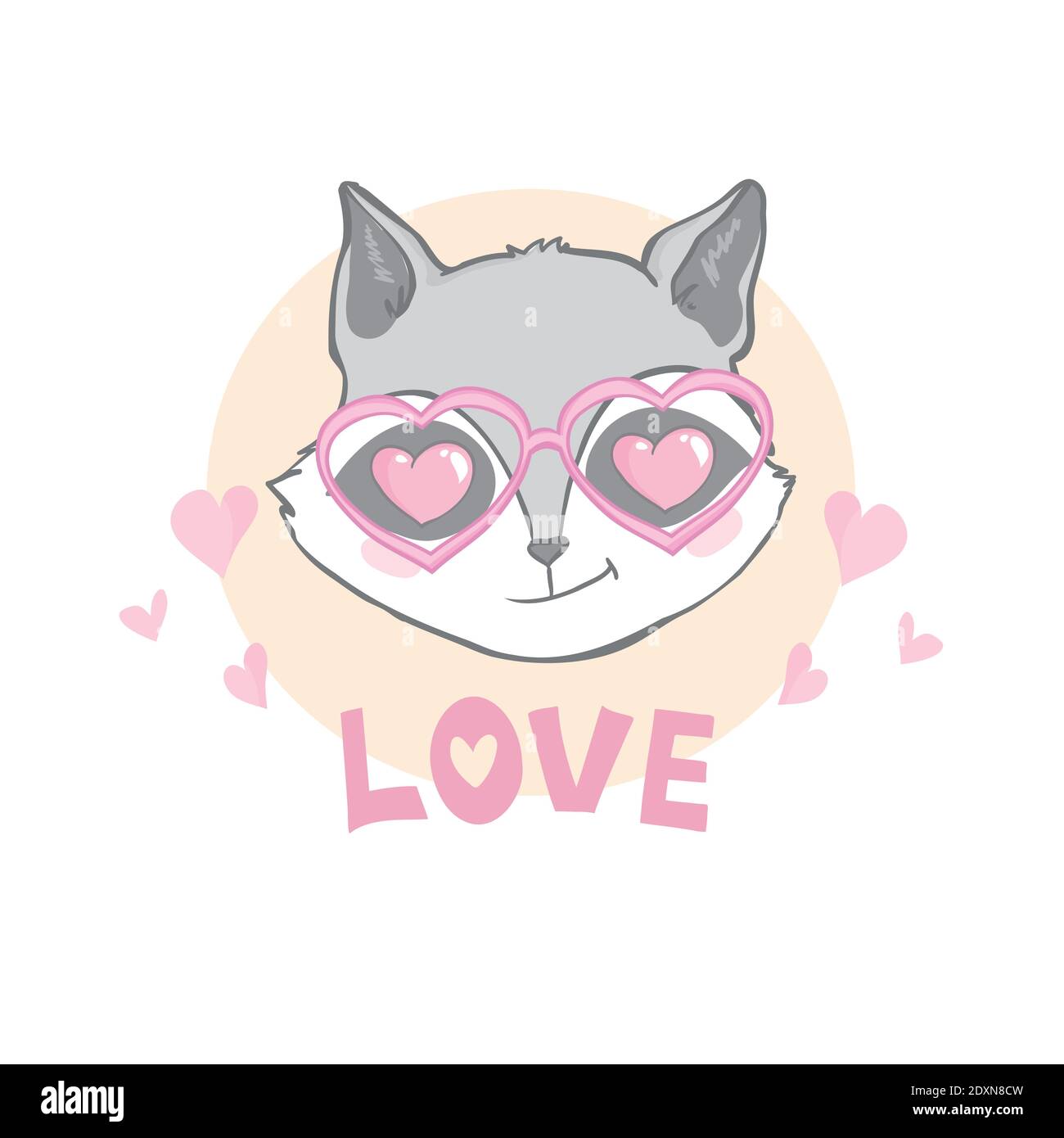 Carta di San Valentino - simpatico raccoon con cuori nel suo Gli occhi spalancano le mani per un bacio e mi testano ti ami Illustrazione Vettoriale