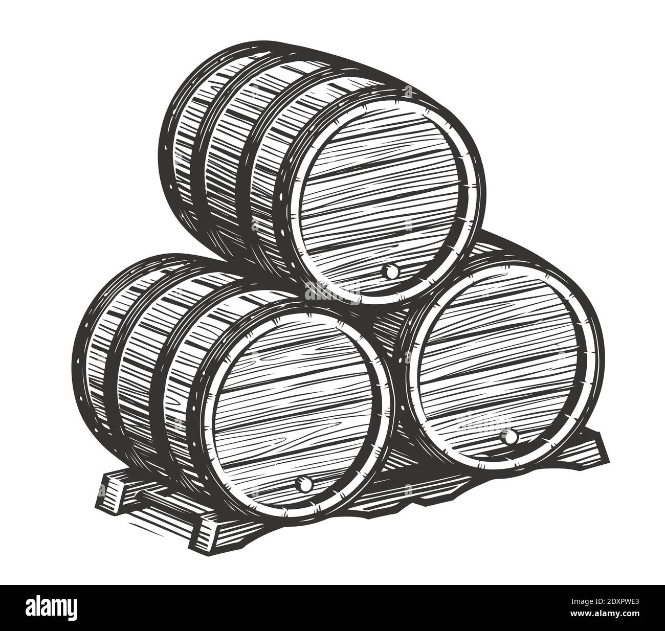 Barili in legno per il disegno del vino. Illustrazione di un vettore d'annata di alcool Illustrazione Vettoriale