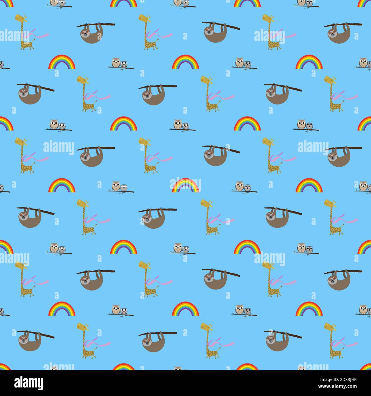 simpatico sfondo colorato senza cuciture per bambini con sloth, gufi, giraffe e arcobaleno illustrazione vettoriale Illustrazione Vettoriale