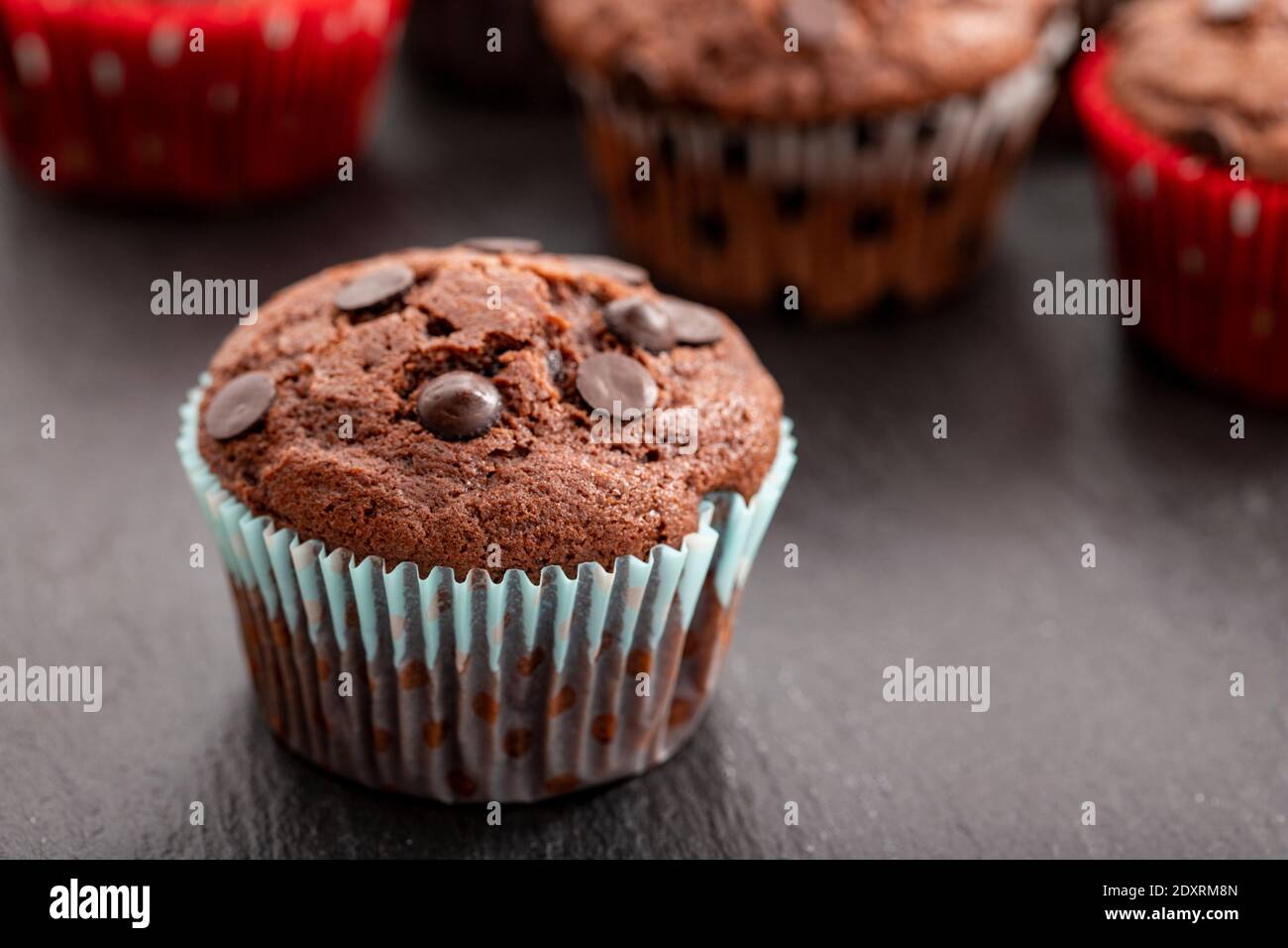 Muffin al cioccolato. Muffin o torta con spruzzette di cioccolato. Vista laterale. Primo piano. Foto Stock