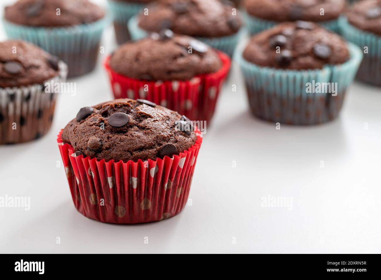 Muffin al cioccolato. Muffin o torta con spruzzette di cioccolato. Vista laterale. Primo piano. Foto Stock
