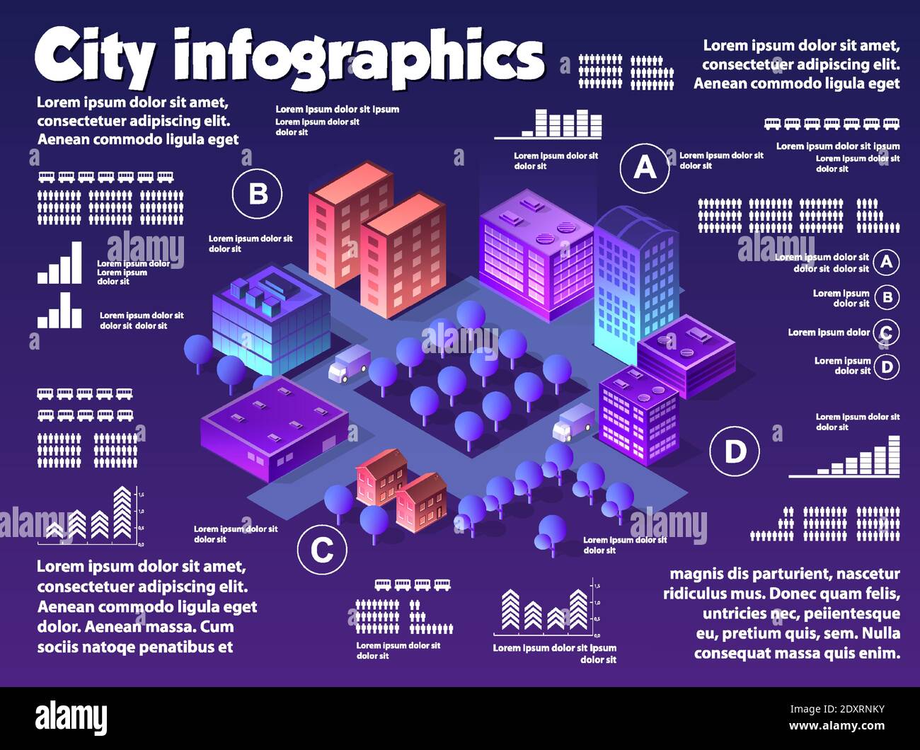 Infografica isometrica della città del neon dei colori violacei Illustrazione Vettoriale