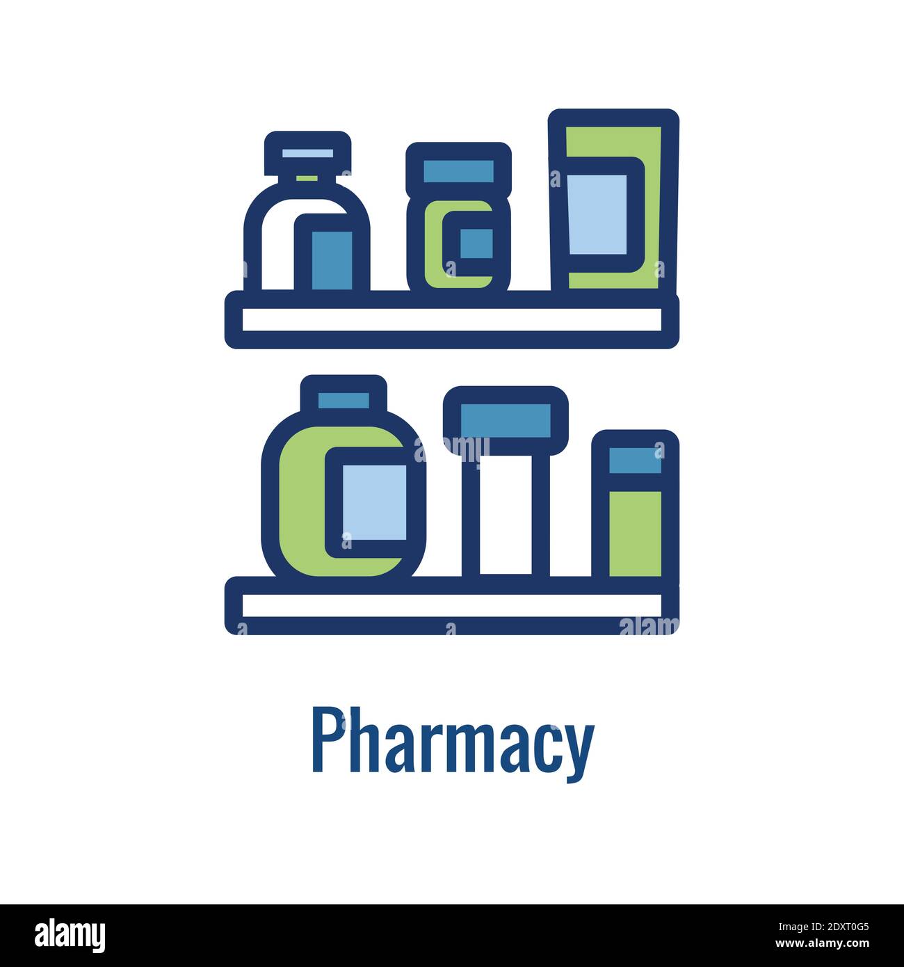 Icona della farmacia e un aspetto del settore farmaceutico - icona contorno Illustrazione Vettoriale