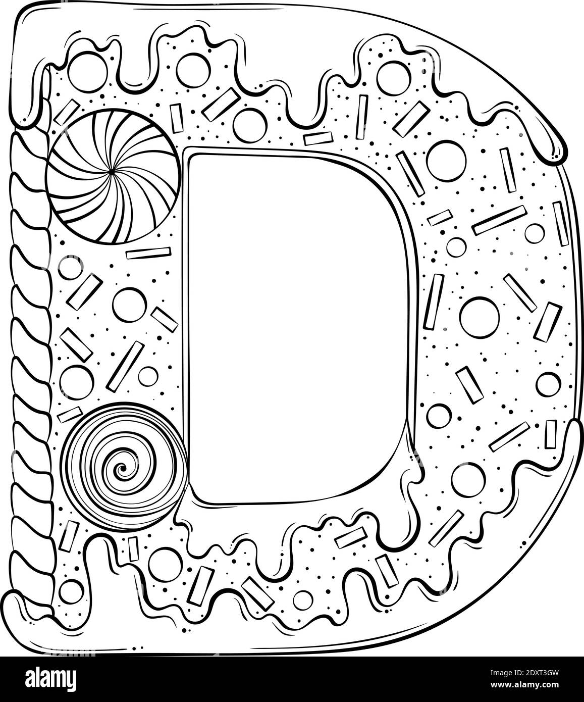 Lettera D. Gingerbread Cookies sotto forma di lettere. Font vettoriale cartoon realizzato in stile grafico a linee disegnate a mano isolato su sfondo bianco. Modello con logo per lettere. Disegno di libro di colorazione. Illustrazione Vettoriale