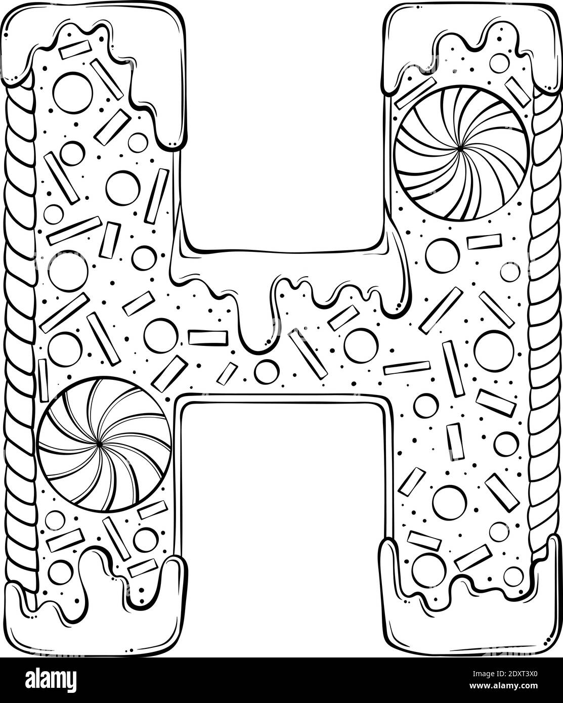 Lettera H. Gingerbread Cookies sotto forma di lettere. Font vettoriale cartoon realizzato in stile grafico a linee disegnate a mano isolato su sfondo bianco. Modello con logo per lettere. Disegno di libro di colorazione. Illustrazione Vettoriale