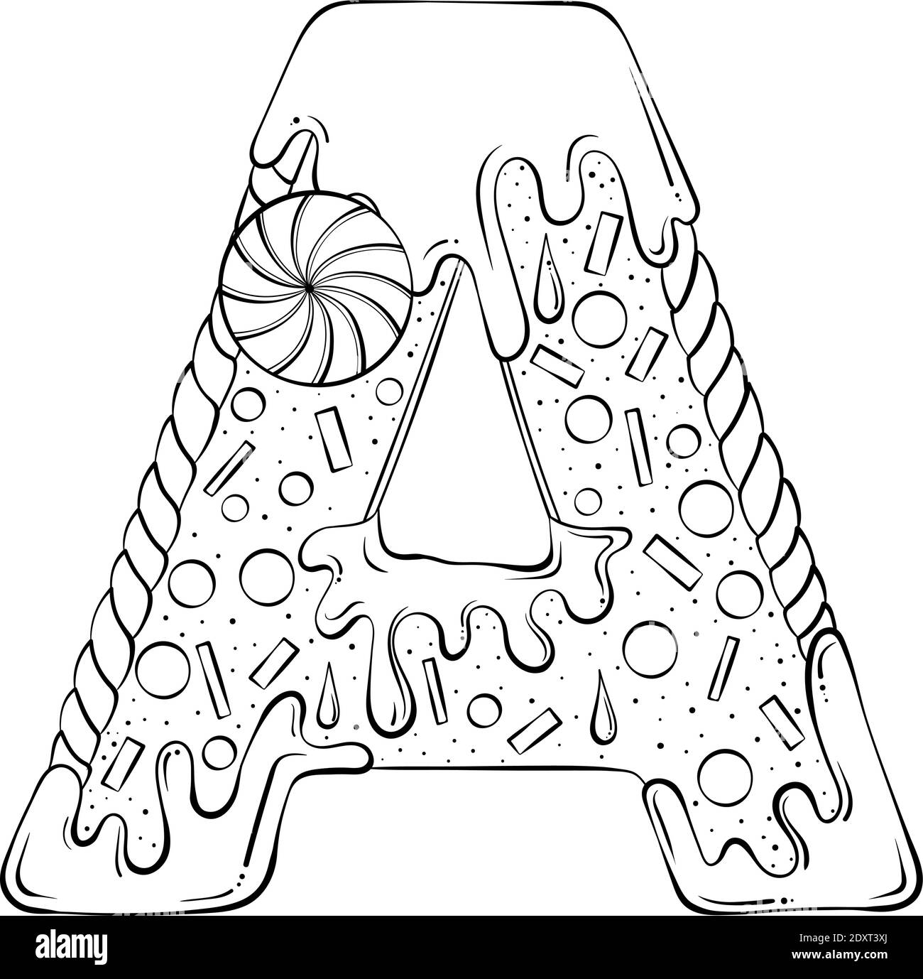 Lettera A. Gingerbread biscotti sotto forma di lettere. Font vettoriale cartoon realizzato in stile grafico a linee disegnate a mano isolato su sfondo bianco. Modello con logo per lettere. Disegno di libro di colorazione. Illustrazione Vettoriale