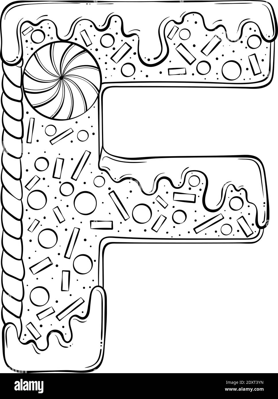 Lettera F. Gingerbread biscotti sotto forma di lettere. Font vettoriale cartoon realizzato in stile grafico a linee disegnate a mano isolato su sfondo bianco. Modello con logo per lettere. Disegno di libro di colorazione. Illustrazione Vettoriale