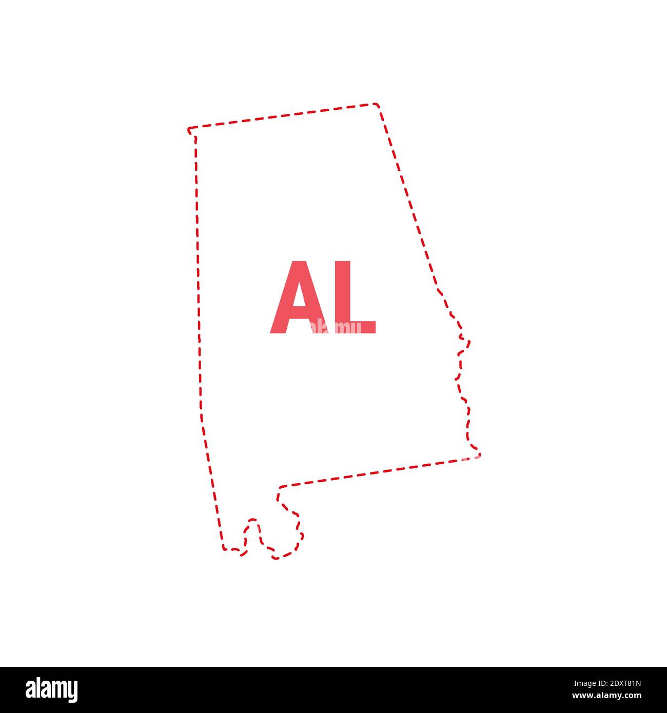 Alabama Stati Uniti mappa contorno confine punteggiato. Illustrazione vettoriale. Abbreviazione di stato di due lettere. Illustrazione Vettoriale
