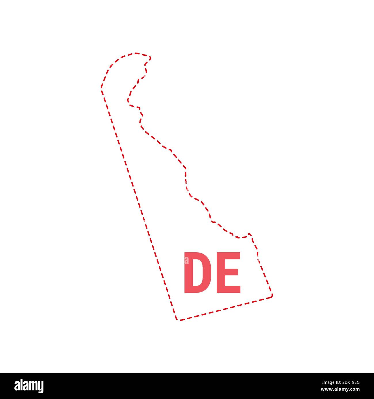Delaware US state map contorno del bordo punteggiato. Illustrazione vettoriale. Abbreviazione di stato di due lettere. Illustrazione Vettoriale
