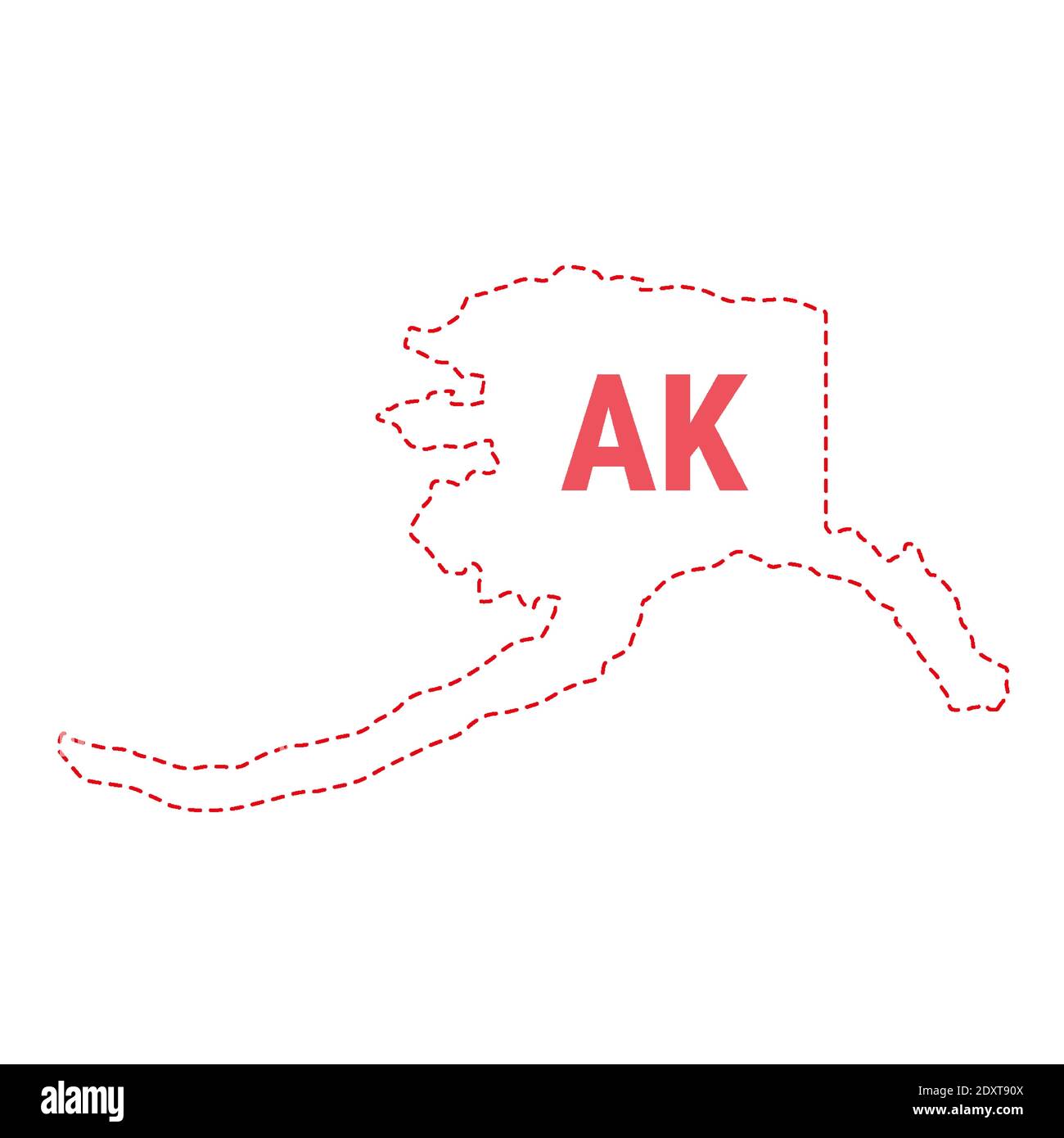 Alaska Stati Uniti mappa contorno confine punteggiato. Illustrazione vettoriale. Abbreviazione di stato di due lettere. Illustrazione Vettoriale