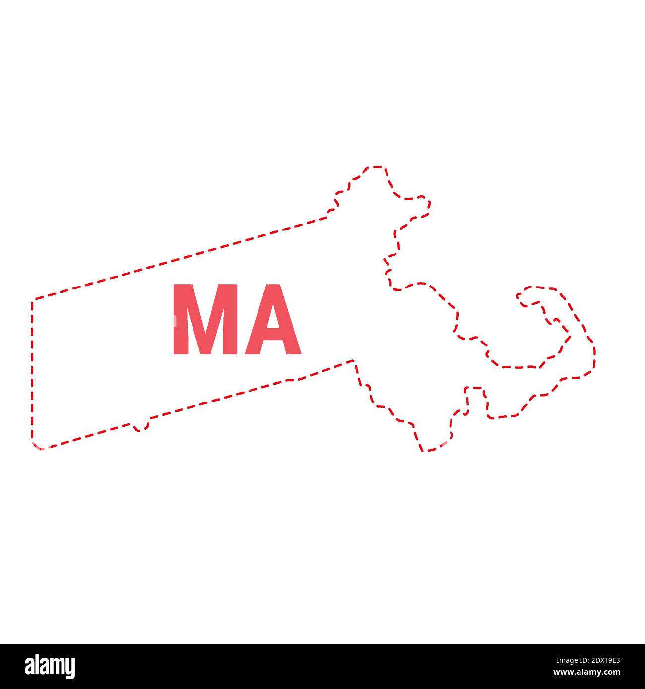 Massachusetts Stati Uniti mappa contorno confine punteggiato. Illustrazione vettoriale. Abbreviazione di stato di due lettere. Illustrazione Vettoriale