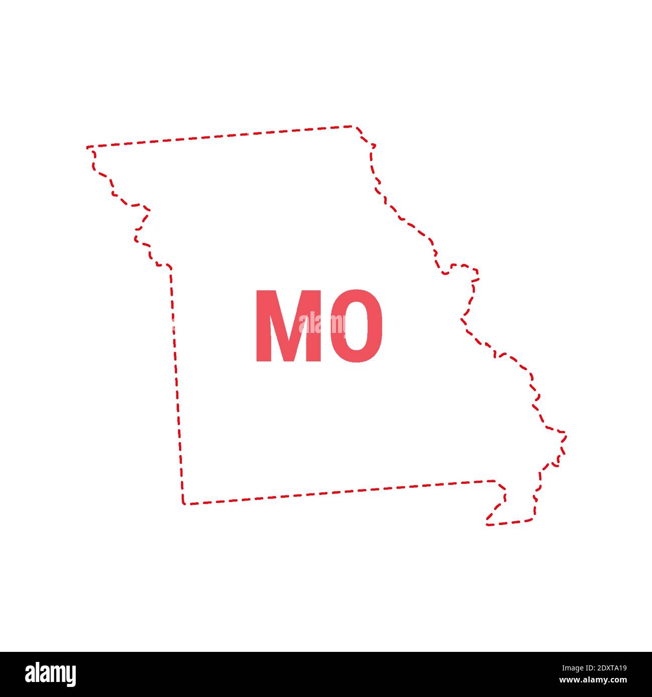 Missouri Stati Uniti mappa contorno confine punteggiato. Illustrazione vettoriale. Abbreviazione di stato di due lettere. Illustrazione Vettoriale
