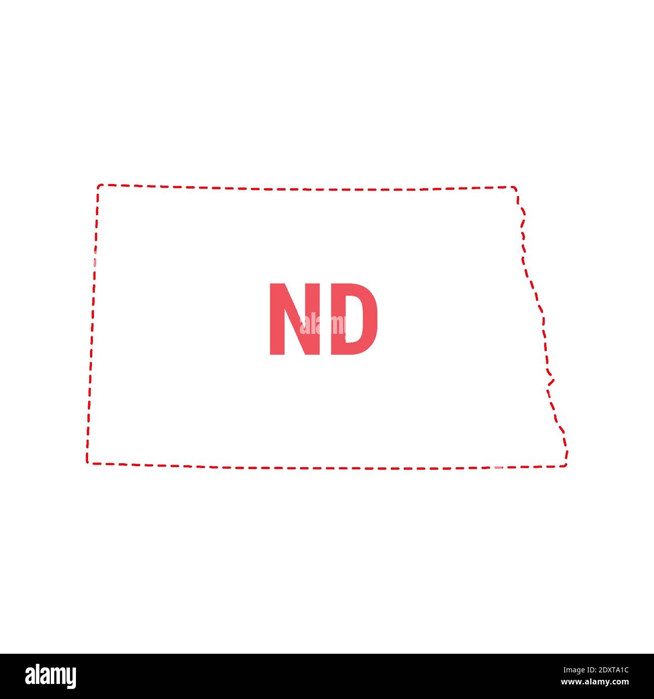 North Dakota Stati Uniti mappa contorno confine punteggiato. Illustrazione vettoriale. Abbreviazione di stato di due lettere. Illustrazione Vettoriale