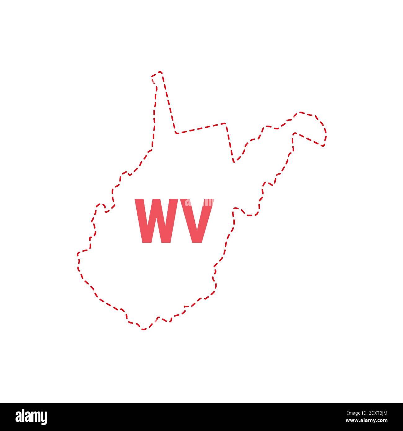 West Virginia Stati Uniti mappa contorno confine punteggiato. Illustrazione vettoriale. Abbreviazione di stato di due lettere. Illustrazione Vettoriale
