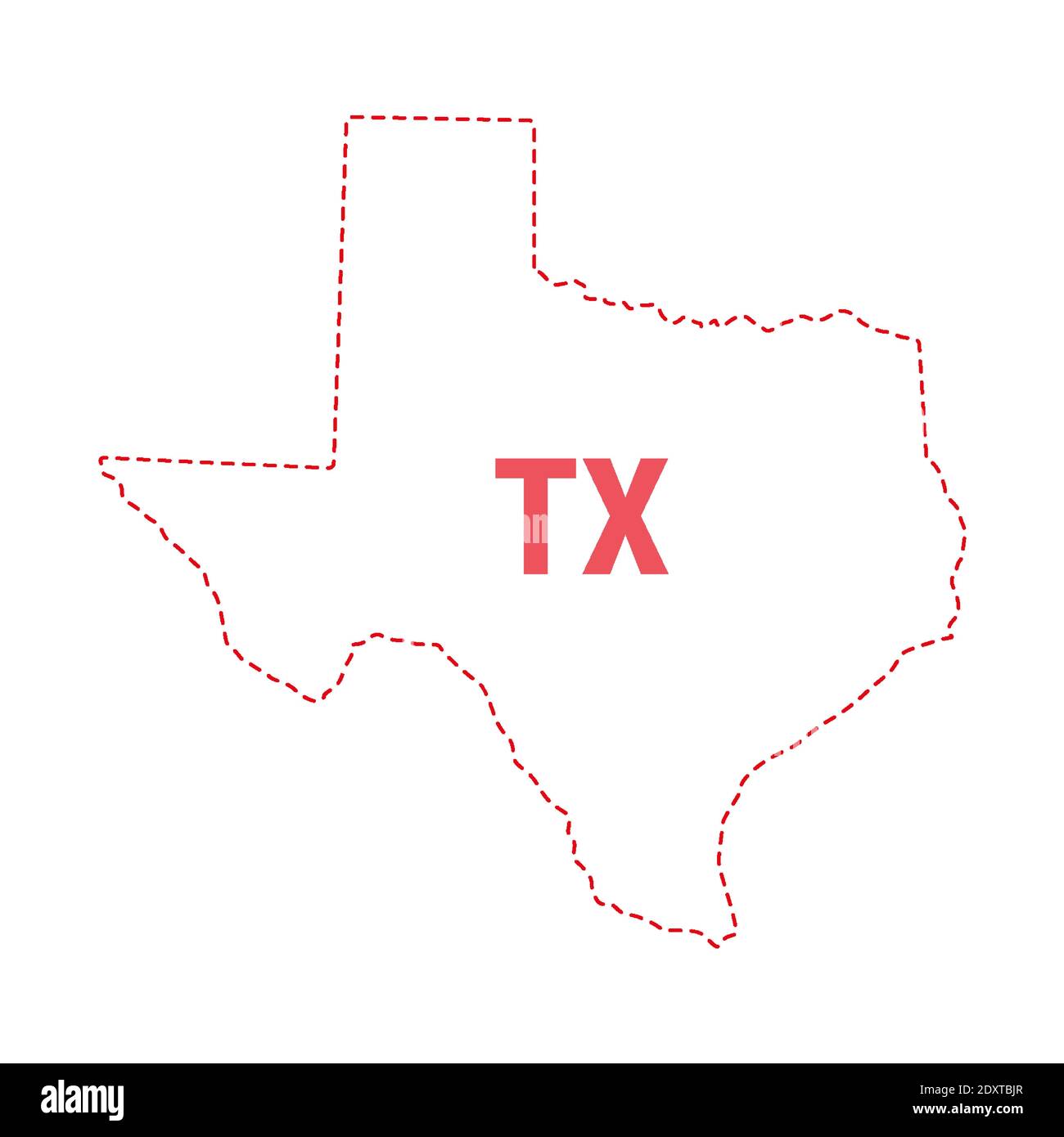 Mappa dello stato degli Stati Uniti del Texas contorno del confine punteggiato. Illustrazione vettoriale. Abbreviazione di stato di due lettere. Illustrazione Vettoriale