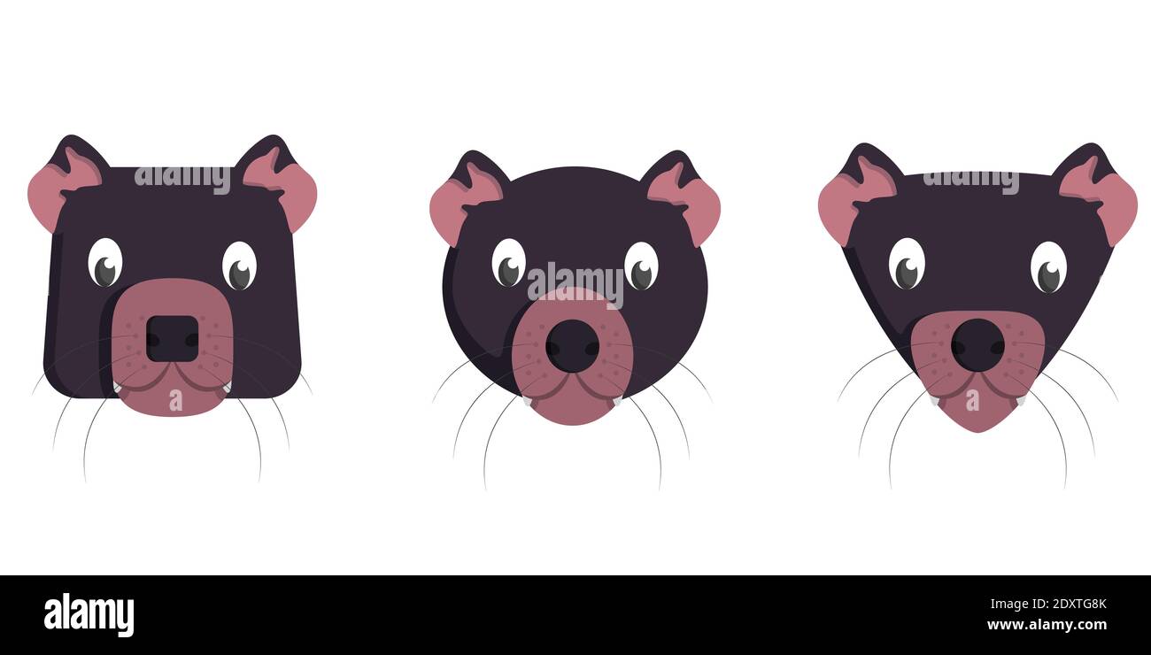 Set di cartoni animati diavoli della tasmania. Diverse forme di facce animali. Illustrazione Vettoriale