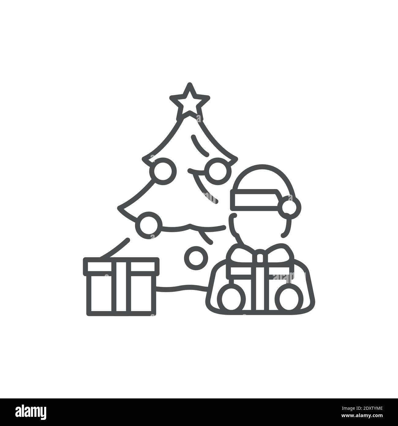 Albero decorato con Natale e icona della linea di colori per bambini. Luci accese. Tratto modificabile. Illustrazione Vettoriale