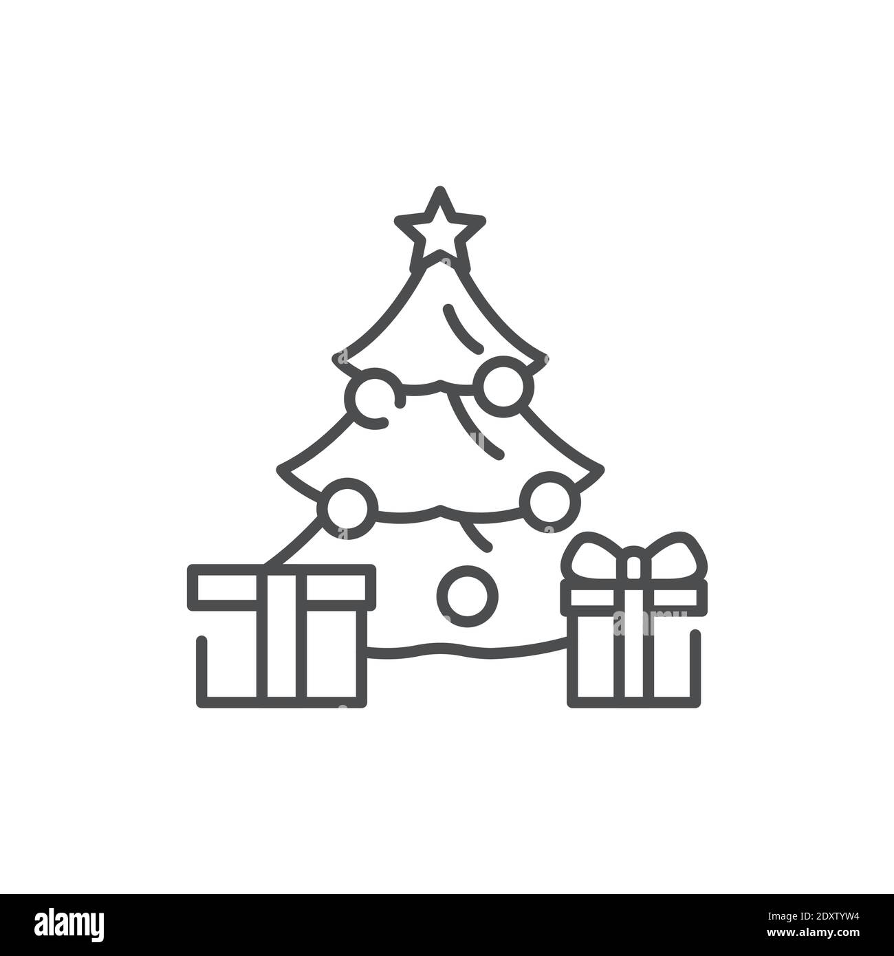 Albero decorato di Natale con regali icona linea colore. Luci accese. Tratto modificabile. Illustrazione Vettoriale