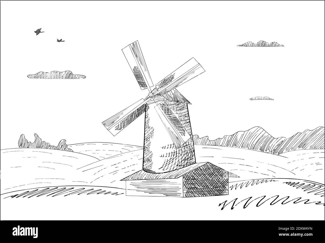 Paesaggio rurale monocromo con mulino a vento e campi di grano. Illustrazione della produzione agricola biologica, cibo ecologico. Vintage disegnata a mano vettoriale Illustrazione Vettoriale