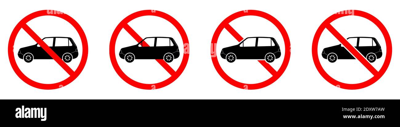 Segnale stop car. Nessuna icona auto isolata. Serie di cartelli rossi di divieto. Illustrazione vettoriale. Auto vietata Illustrazione Vettoriale