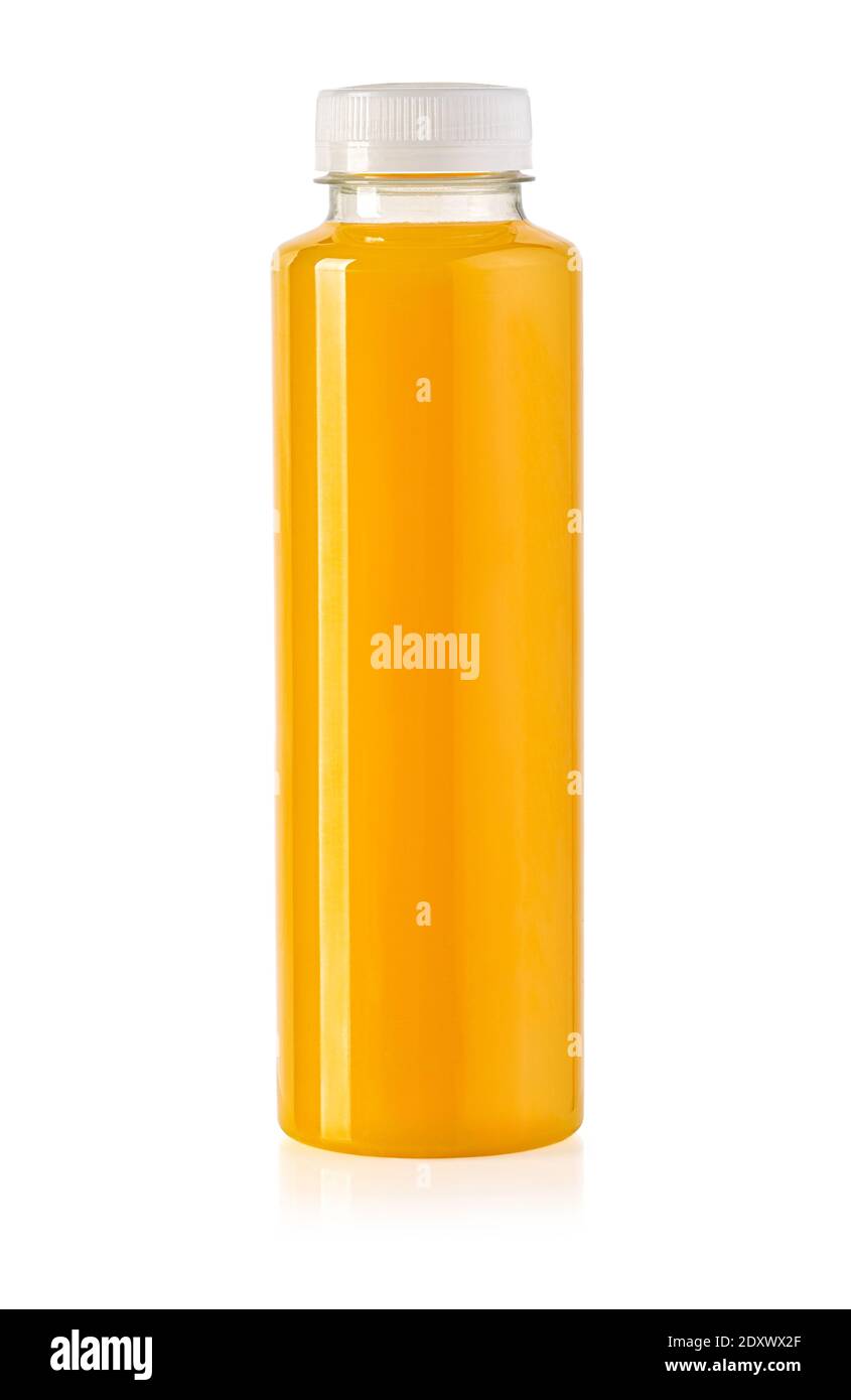 Succo giallo arancione bottiglia vaso su sfondo bianco isolato. Pronto per il tuo design. Imballaggio del prodotto Foto Stock