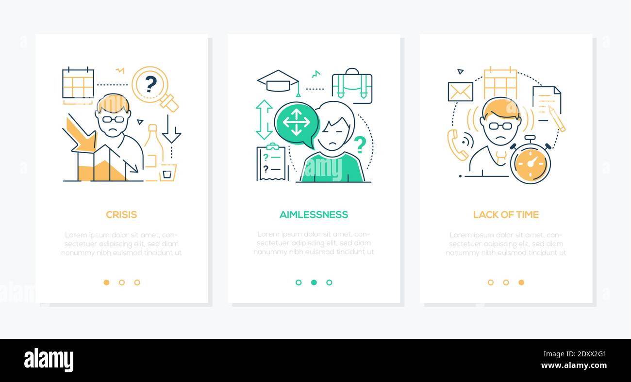 Problemi psicologici umani line design stile banner web con spazio di copia per il testo. Crisi, imaimlessness, mancanza di tempo pubblica illustrazioni lineari. Io Illustrazione Vettoriale