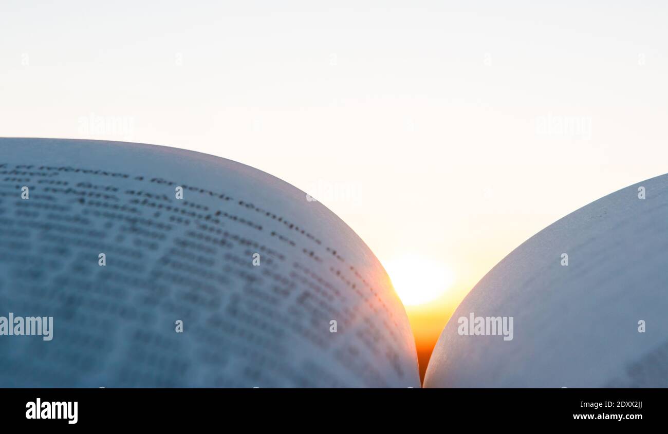 Pagine di un libro aperto con testo illeggibile sfocato con tramonto o sole alba sullo sfondo. Ispirazione, creatività, lettura, idee e imagina Foto Stock