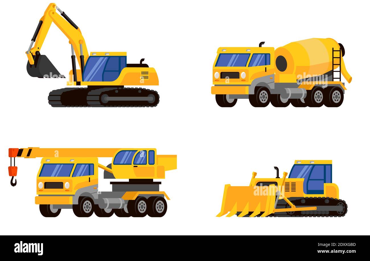 Set di macchine pesanti con tre quarti di vista. Veicoli per l'esecuzione di lavori di costruzione. Illustrazione Vettoriale