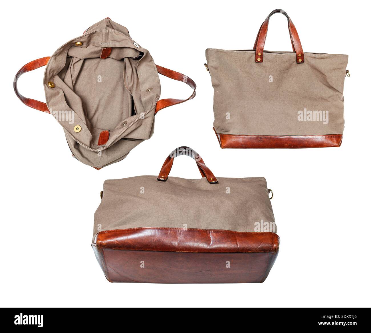 set di borsetta da viaggio realizzata a mano in pelle e tela tarp isolato su sfondo bianco Foto Stock