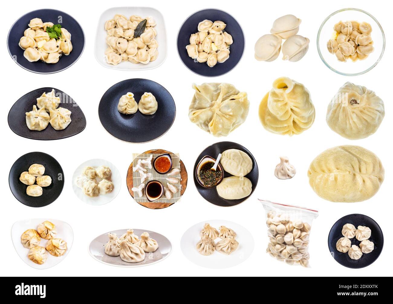 collage da vari gnocchi (dim sum, buuz, pelmeni, pyanse, khinkali, manti, ecc) isolati su sfondo bianco Foto Stock