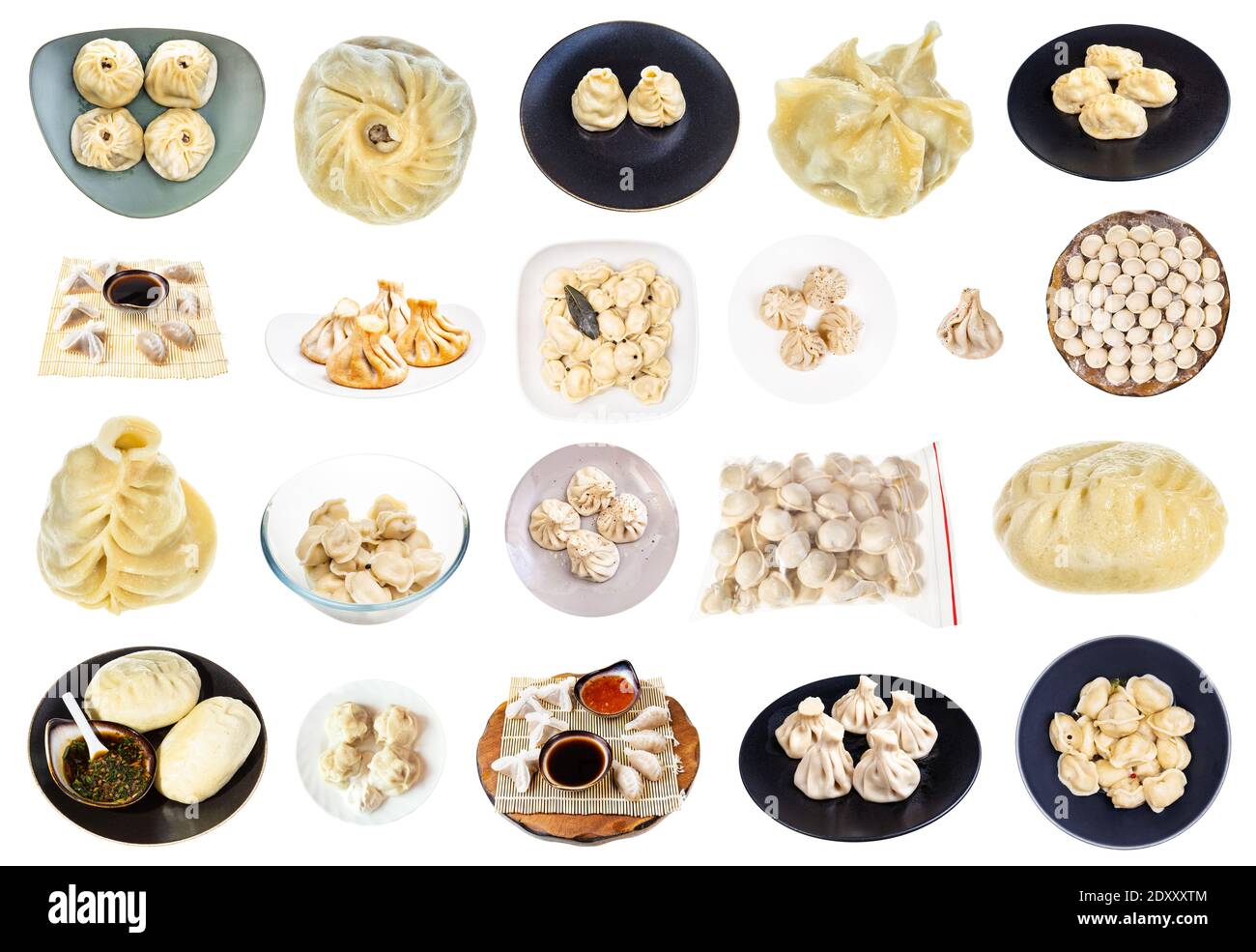 raccolta di vari gnocchi (dim sum, buuz, pelmeni, pyanse, khinkali, manti, ecc) isolati su sfondo bianco Foto Stock