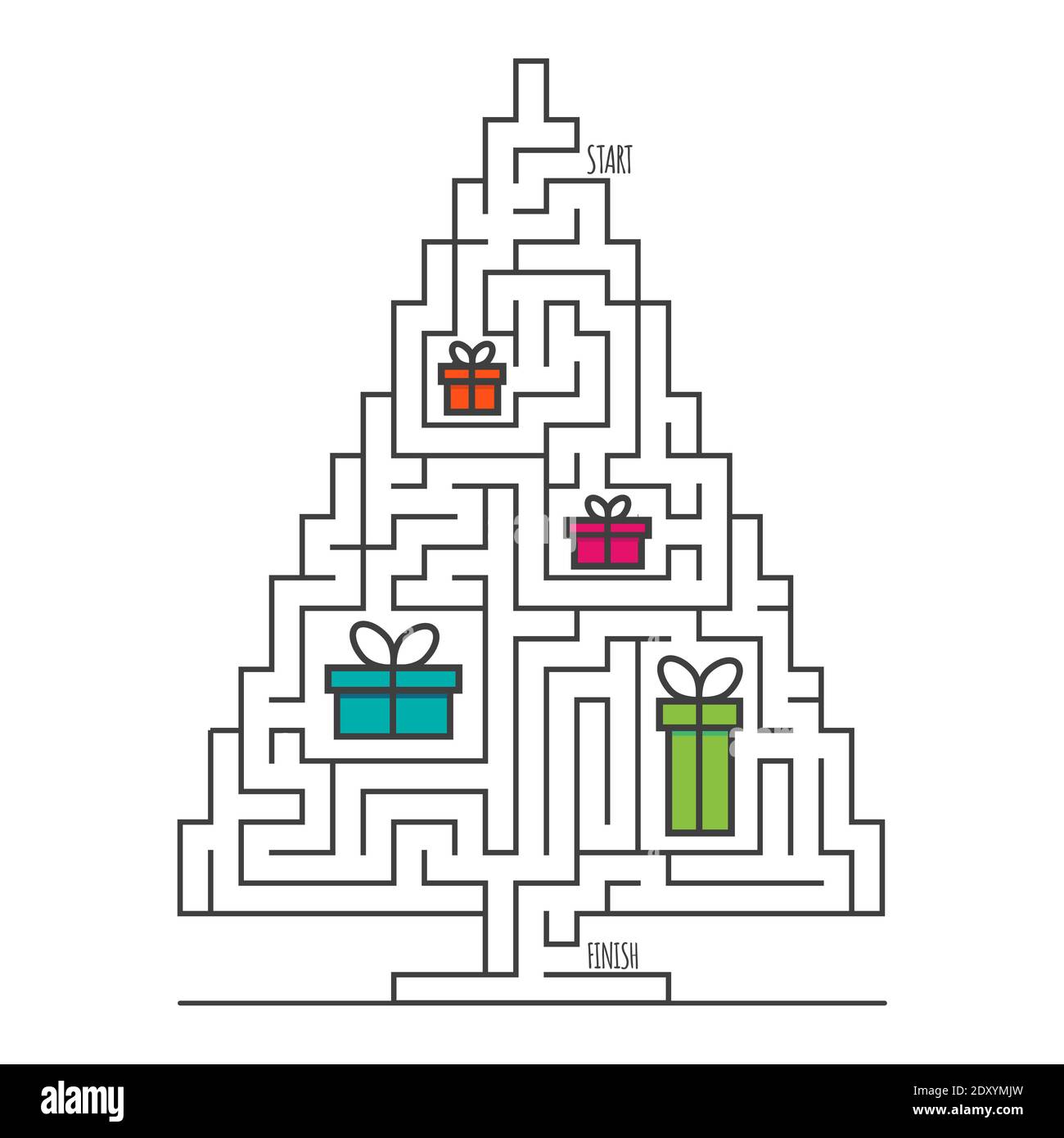 Albero di Natale labirinto gioco labirinto per bambini. Logica labirintica. Un ingresso e un modo giusto per andare. Immagine piatta vettoriale Illustrazione Vettoriale
