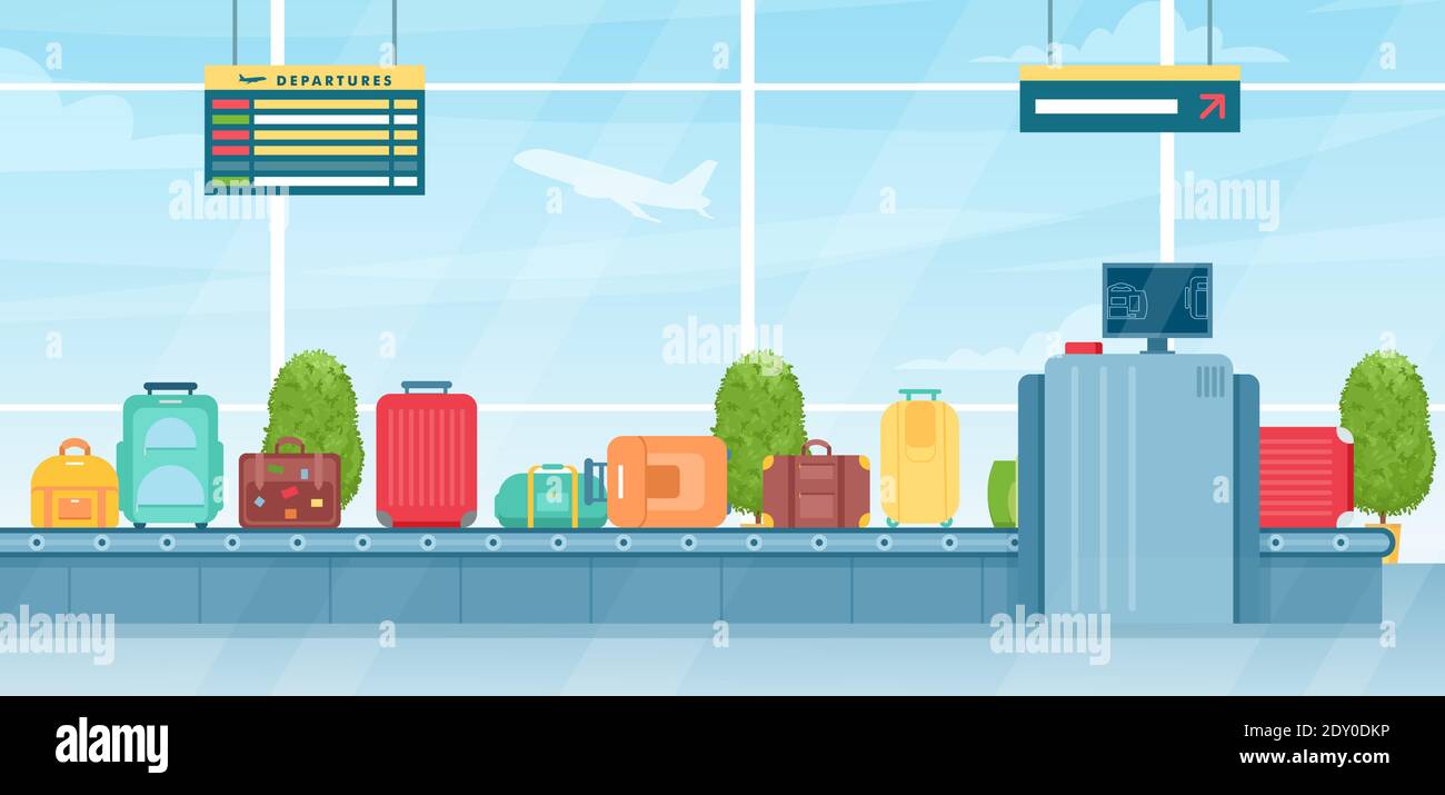 Valigie di viaggio sul nastro trasportatore bagagli nel terminal dell'aeroporto, bagagli per passeggeri Illustrazione Vettoriale