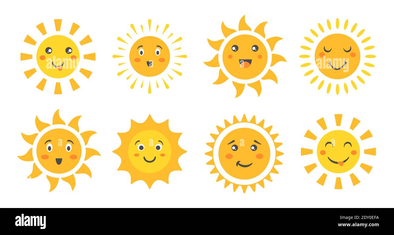Simpatico tramonto, cartoon Sun emoticon collezione di personaggi, volti soleggiati con emozioni felici Illustrazione Vettoriale