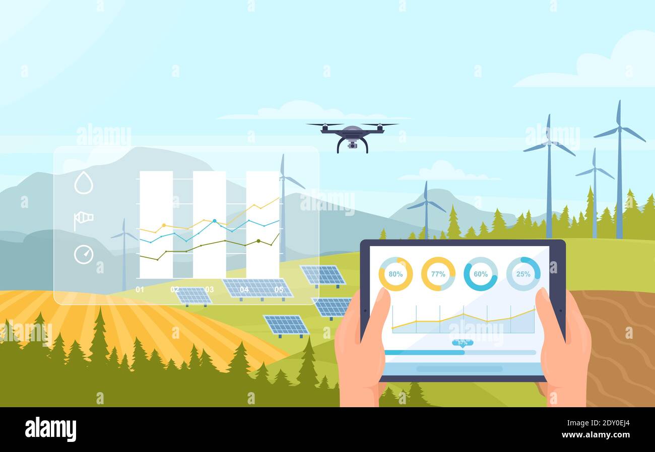 Tecnologia intelligente per l'innovazione agricola per il controllo dei droni e dell'energia solare pannello Illustrazione Vettoriale