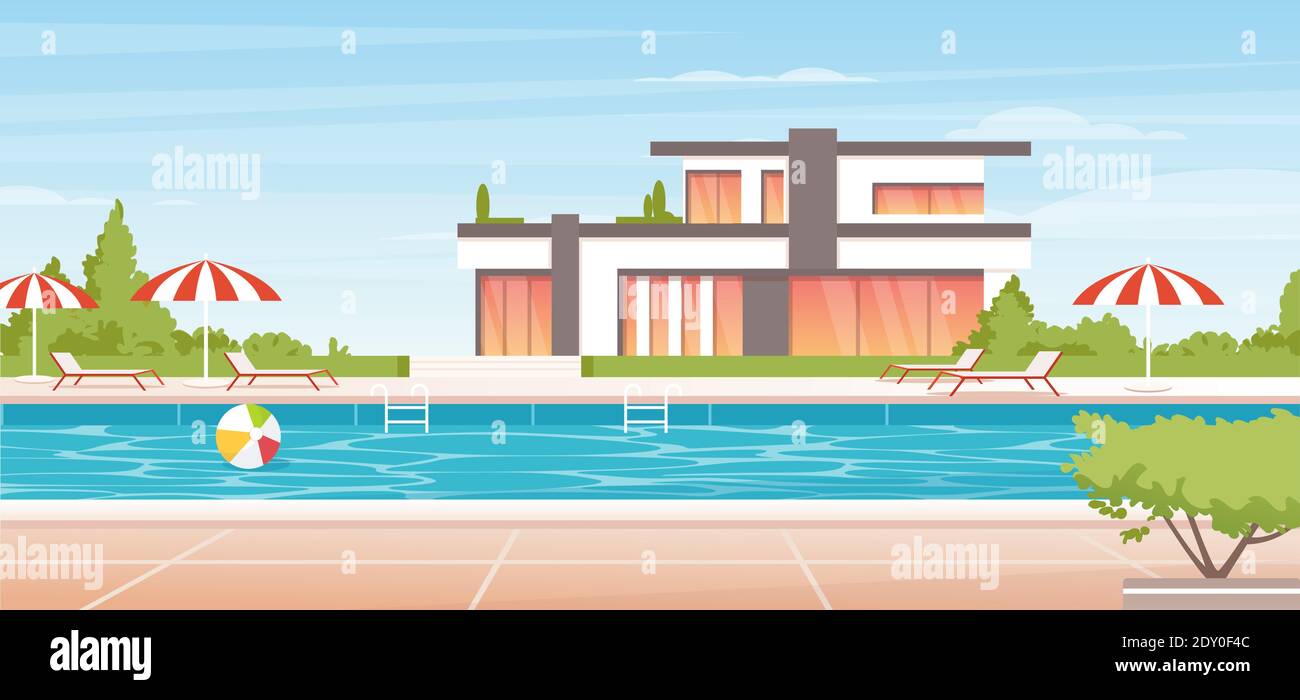 Piscina d'acqua estate vacanza paesaggio, cartone animato no persone lusso a bordo piscina Illustrazione Vettoriale