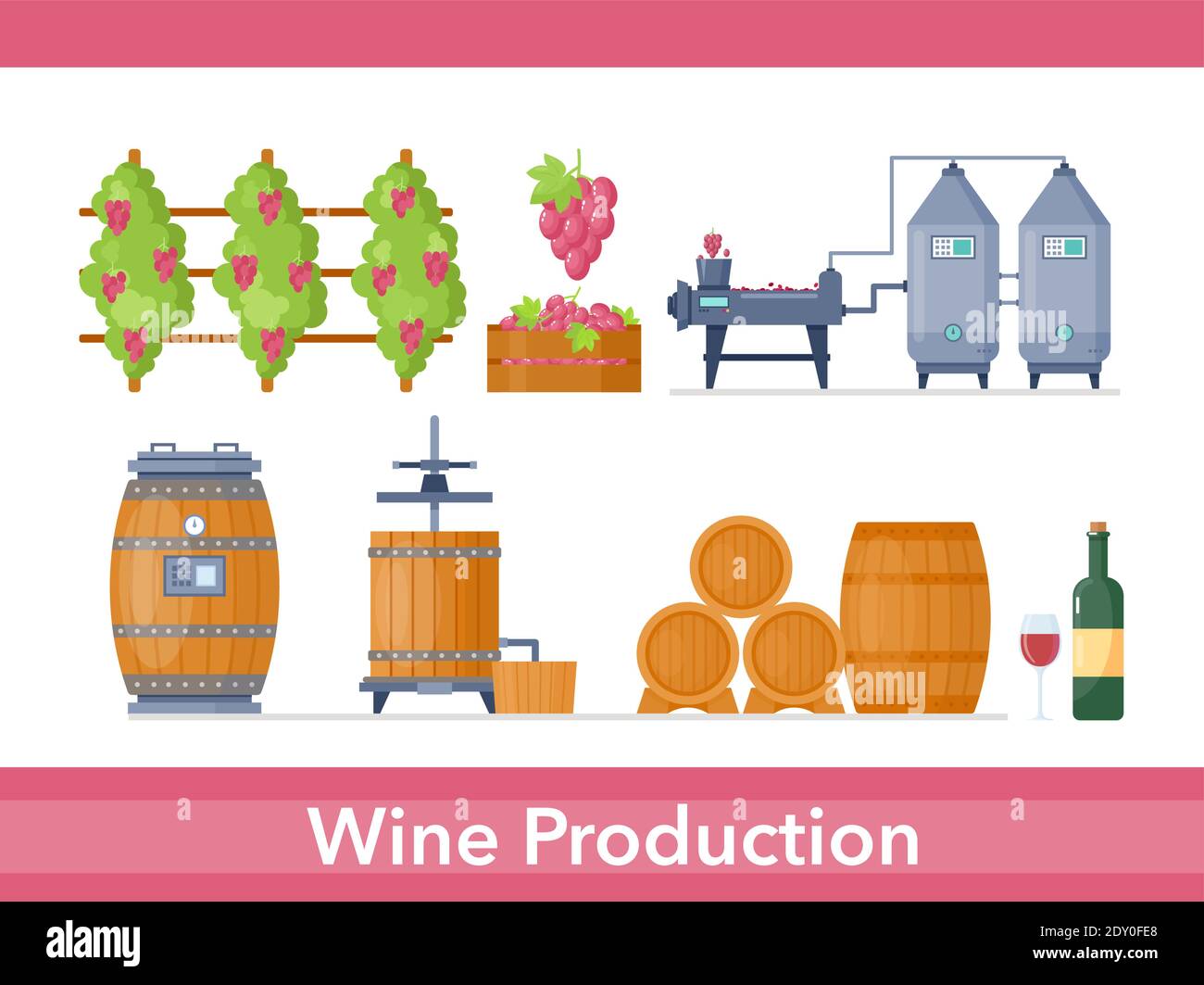 Processo di produzione del vino in set di produzione di fabbrica di cantine, linea di lavorazione del cartone animato Illustrazione Vettoriale