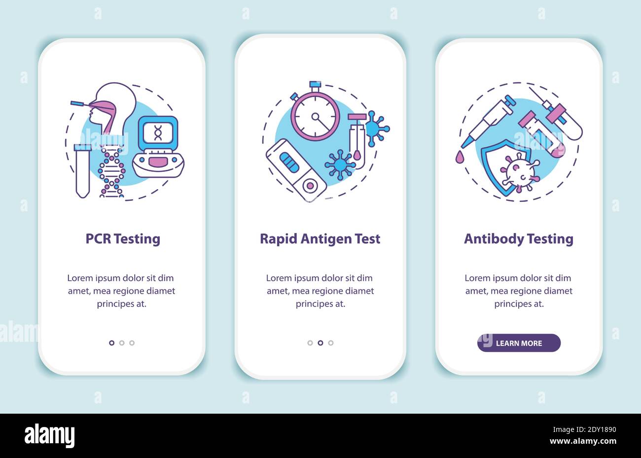 I tipi di test Covid sullo schermo della pagina dell'app mobile con i concetti Illustrazione Vettoriale