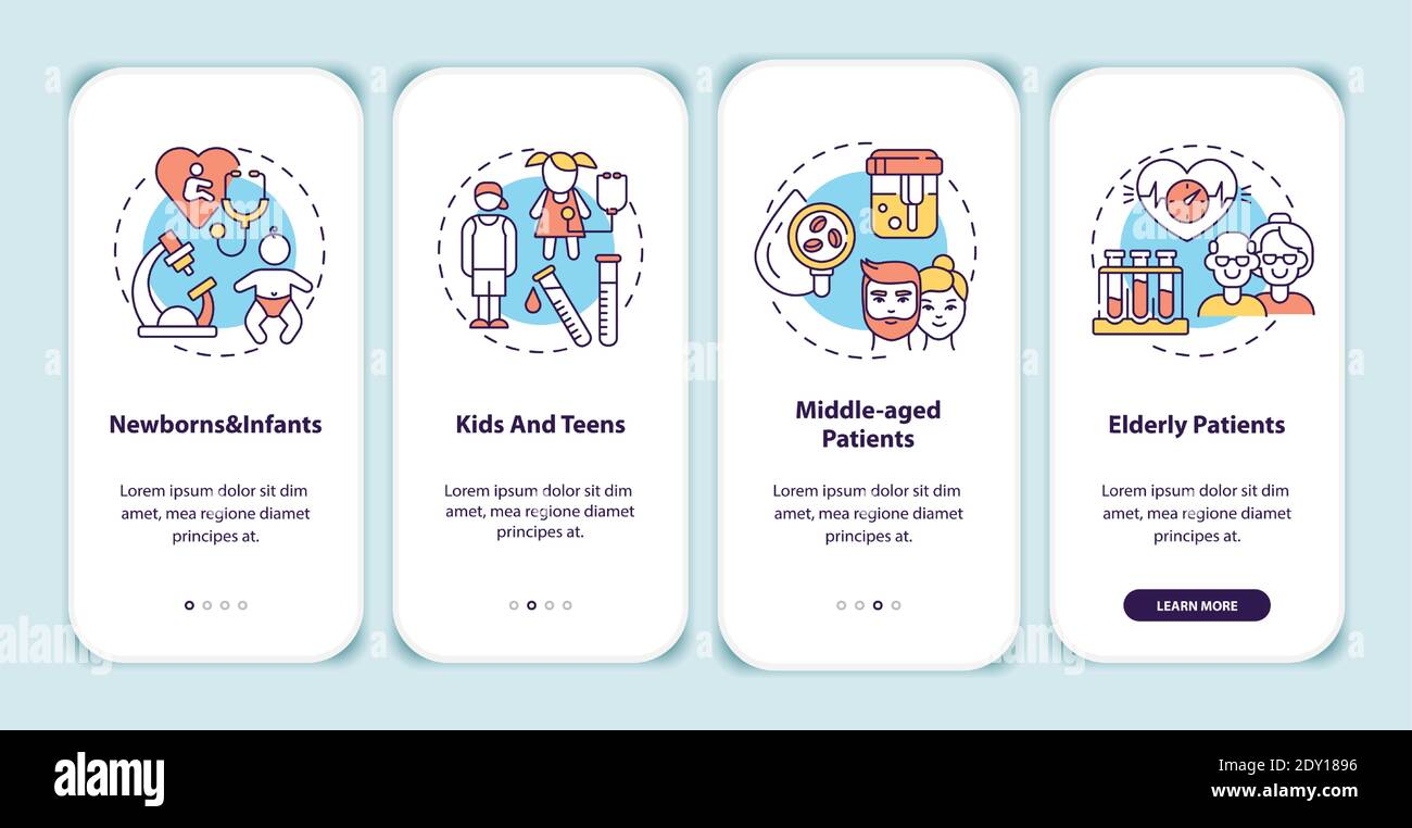 Schermata della pagina dell'app mobile di onboarding per i gruppi di età dello screening sanitario con concetti Illustrazione Vettoriale