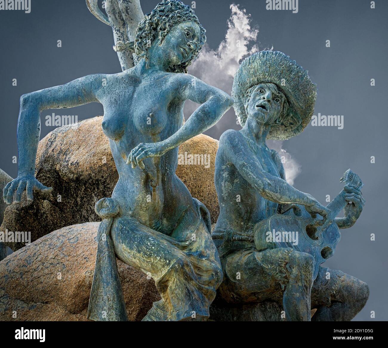Una porzione della Fontana di Raíces della Vecchia San Juan, Puerto Rico. Illustra la musica nativa 'Jibaro' con il suo ritmo. Foto Stock