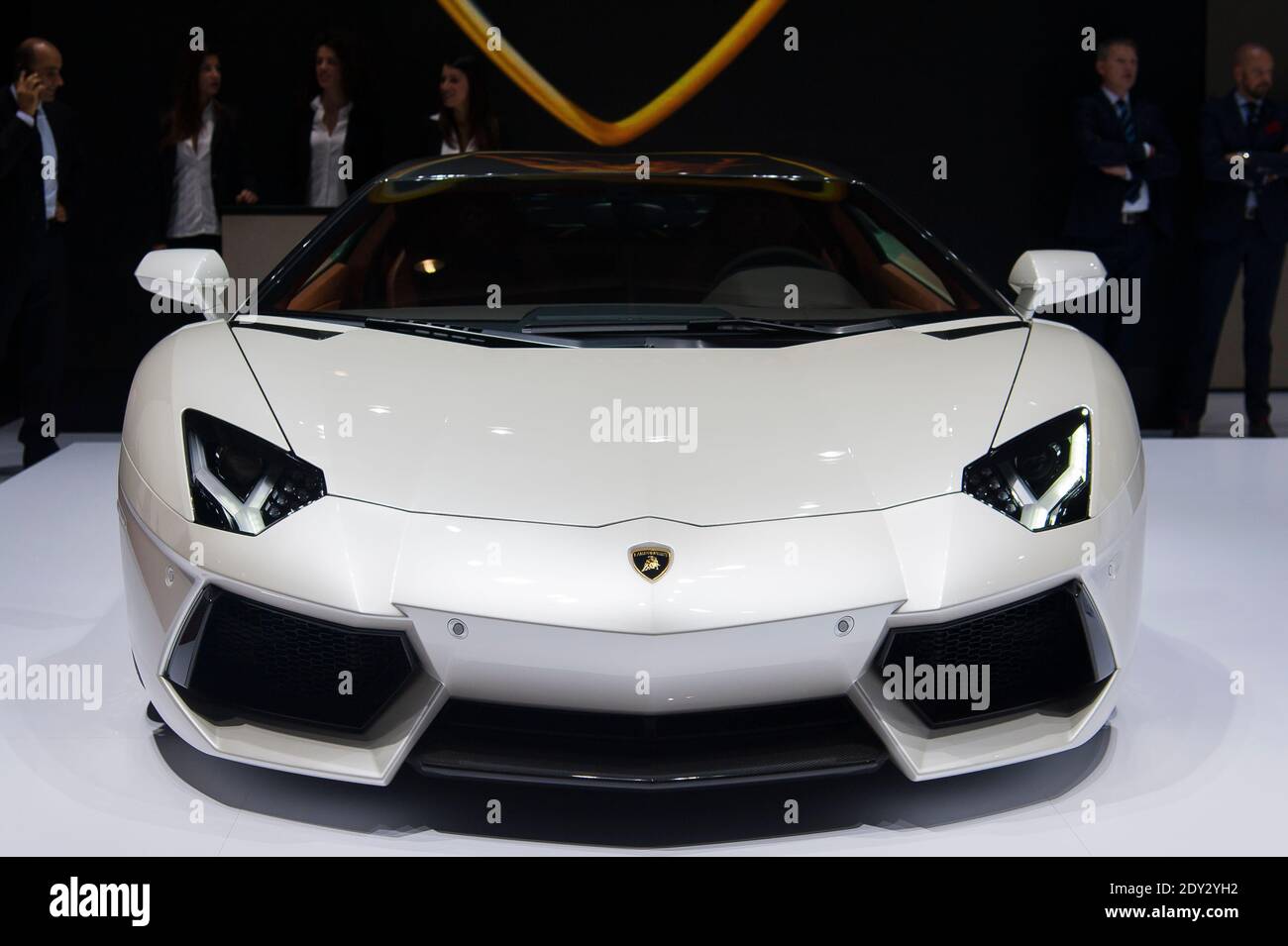 Il nuovo Lamborghini Aventador LP 700-4 durante la giornata stampa del Paris Motor Show, conosciuto come Mondial de l'Automobile a Parigi, Francia, il 2 ottobre 2014. Foto di Nicolas Genin/ABACAPRESS.COM Foto Stock