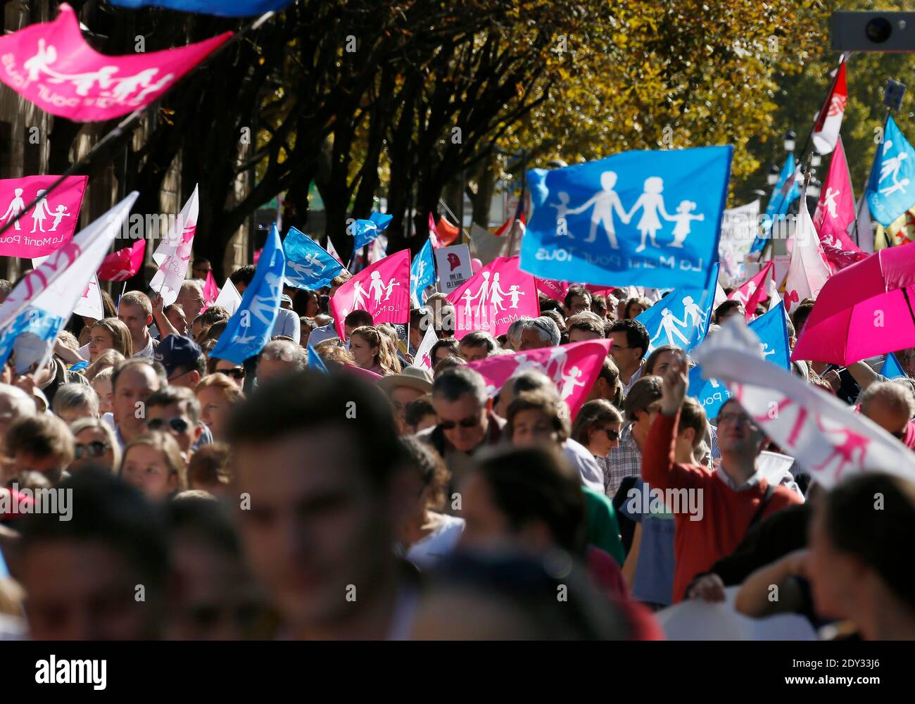 Sostenitori del matrimonio anti-gay la Manif pour Tous (protesta per tutti) protesta contro la procreazione medicalmente assistita e l'uso di madri surrogate, a Bordeaux, Francia occidentale, il 5 ottobre 2014. Foto di Patrick Bernard/ABACAPRESS.COM Foto Stock