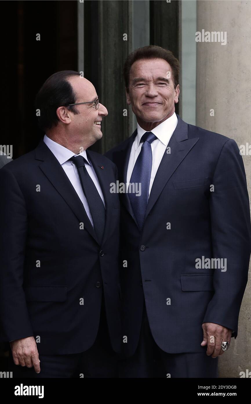 Il presidente francese Francois Hollande dà il benvenuto all'attore statunitense ed ex governatore della California Arnold Schwarzenegger prima di un incontro, presso l'Elysee Palace, a Parigi, in Francia, il 10 ottobre 2014. L'organizzazione regioni di azione sul clima di Schwarzenegger terrà a Parigi un vertice di due giorni. Foto di Stephane Lemouton/ABACAPRESS.COM Foto Stock