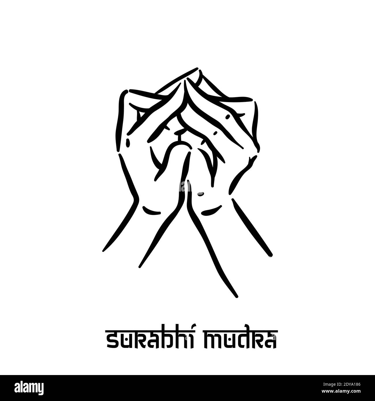 Surabhi mudra. Spiritualità della mano yoga indù delle dita gesto. Tecnica di meditazione per la salute mentale. Illustrazione Vettoriale