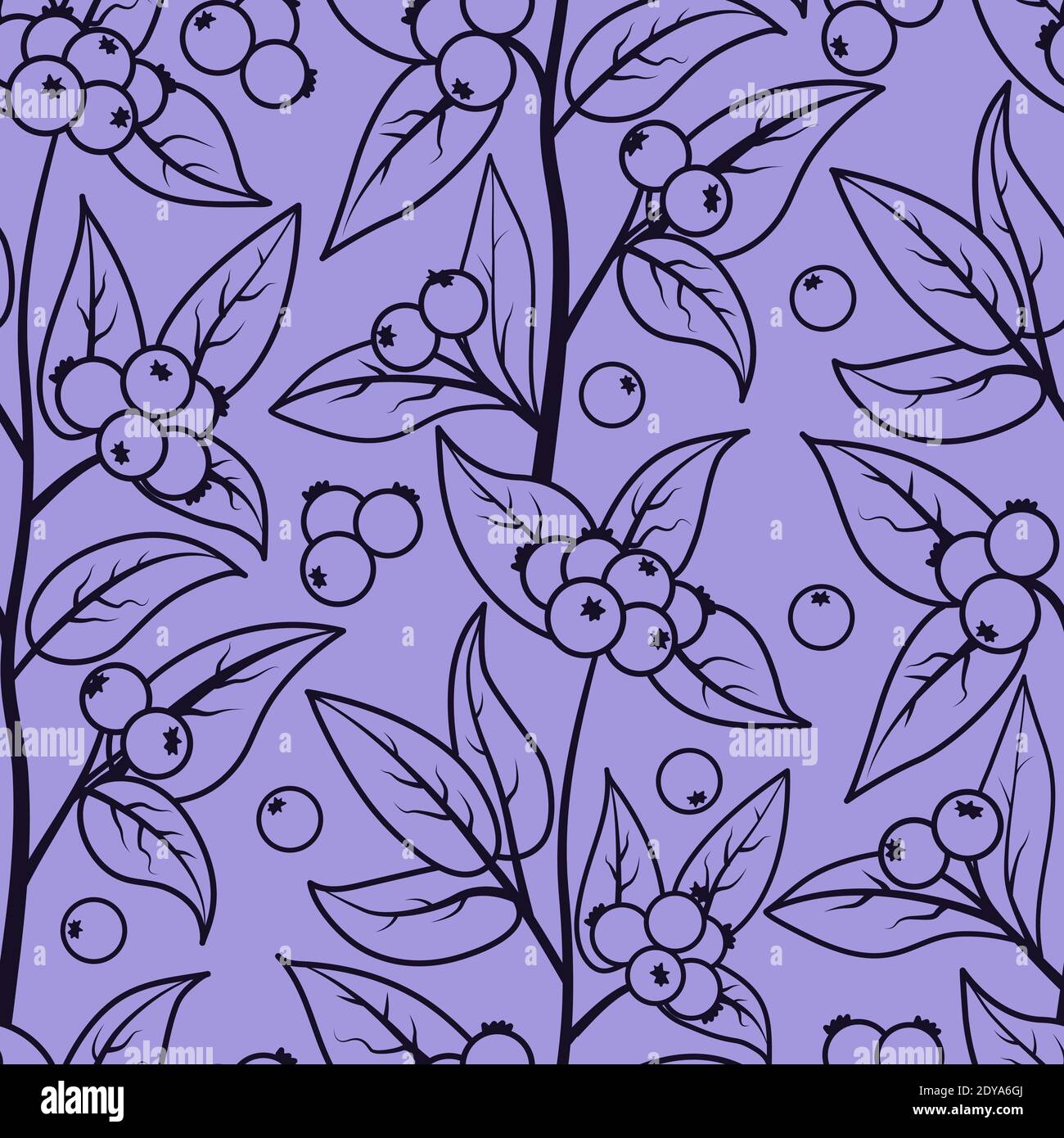Motivo senza cuciture con bacche e foglie di bacca di neve. Illustrazione vettoriale di un contorno scuro su uno sfondo lilla Illustrazione Vettoriale