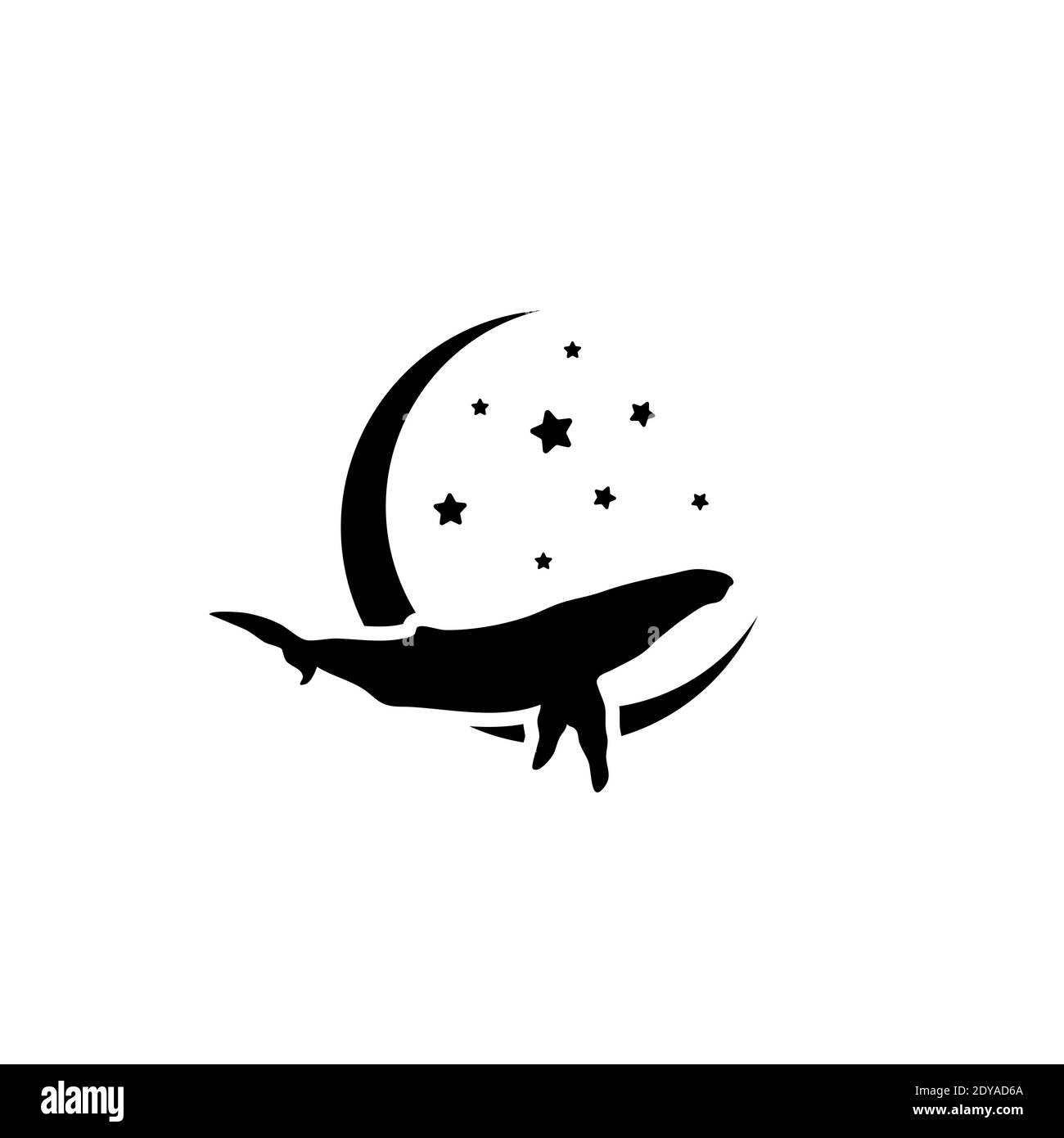 Silhouette nera di aggraziate balena e stelle. Simbolo della fiaba. Icona piatta vettoriale isolata su sfondo bianco. Logo magico. Illustrazione Vettoriale