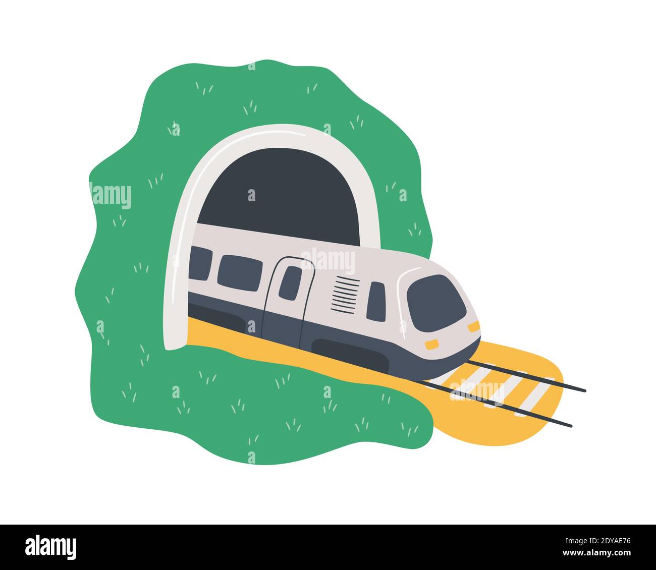 Treno ad alta velocità nel tunnel. In viaggio su strada ferroviaria. Illustrazione vettoriale cartoon disegnata a mano Illustrazione Vettoriale